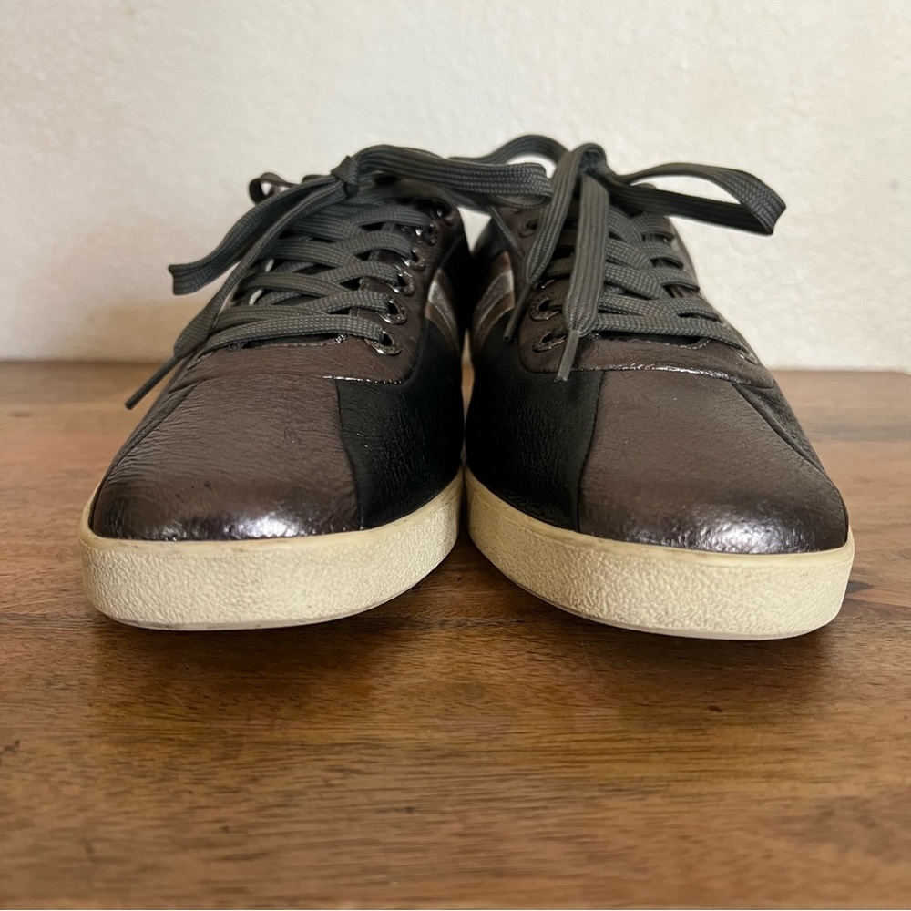 Dolce & Gabbana Metallic Black/Grey Leather Striped Lace Up Sneakers Size 8.5